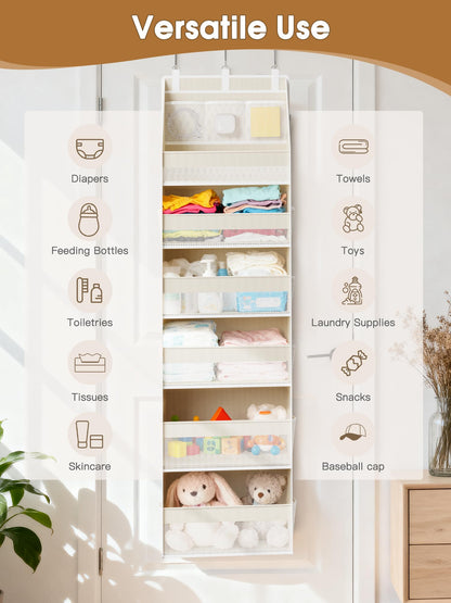 Criusia Over the Door Organizer, Heavy-Duty 6-Shelf Hanging Storage with 13 Mesh Pockets, 55lbs Capacity Behind the Door Storage for Nursery, Bathroom, Bedroom, and Dorm, White