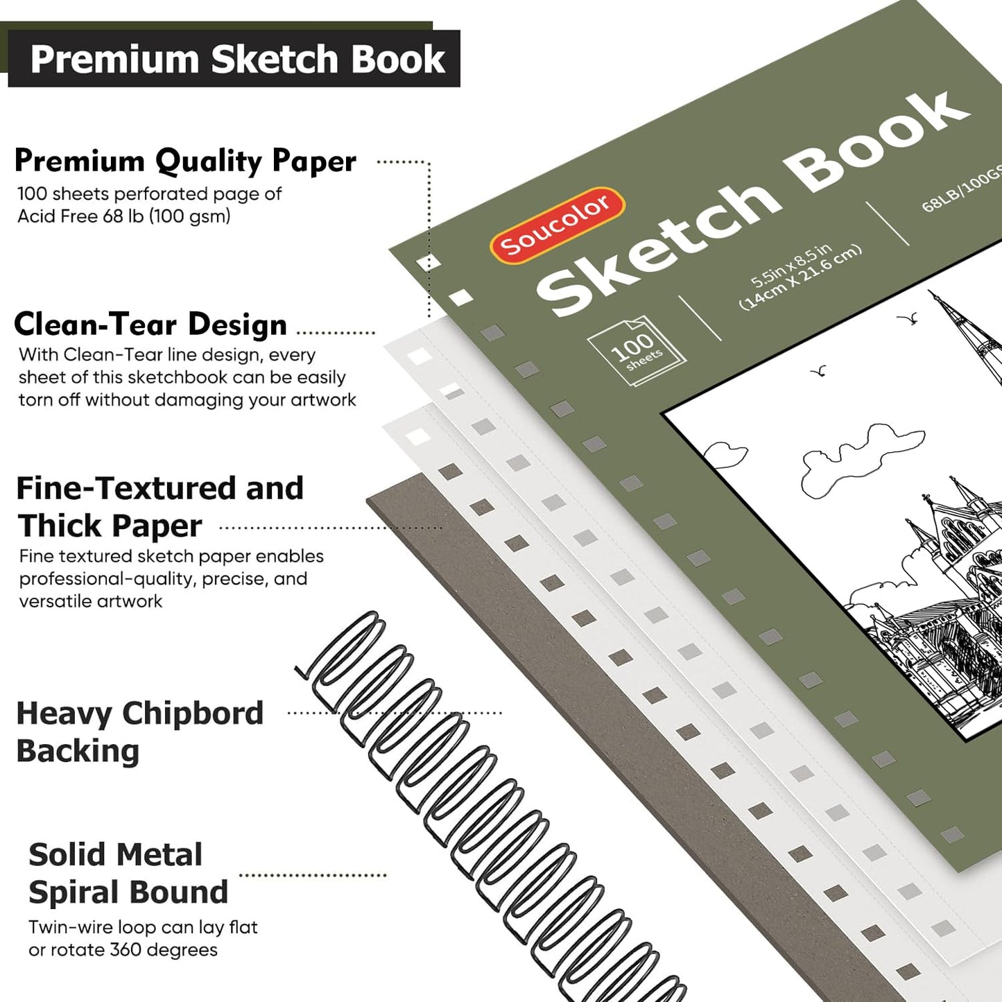 Soucolor Sketch Book 9" x 12", 100 Sheets Kids Art Sketchbook Drawing Pad