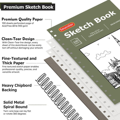 Soucolor Sketch Book 9" x 12", 100 Sheets Kids Art Sketchbook Drawing Pad