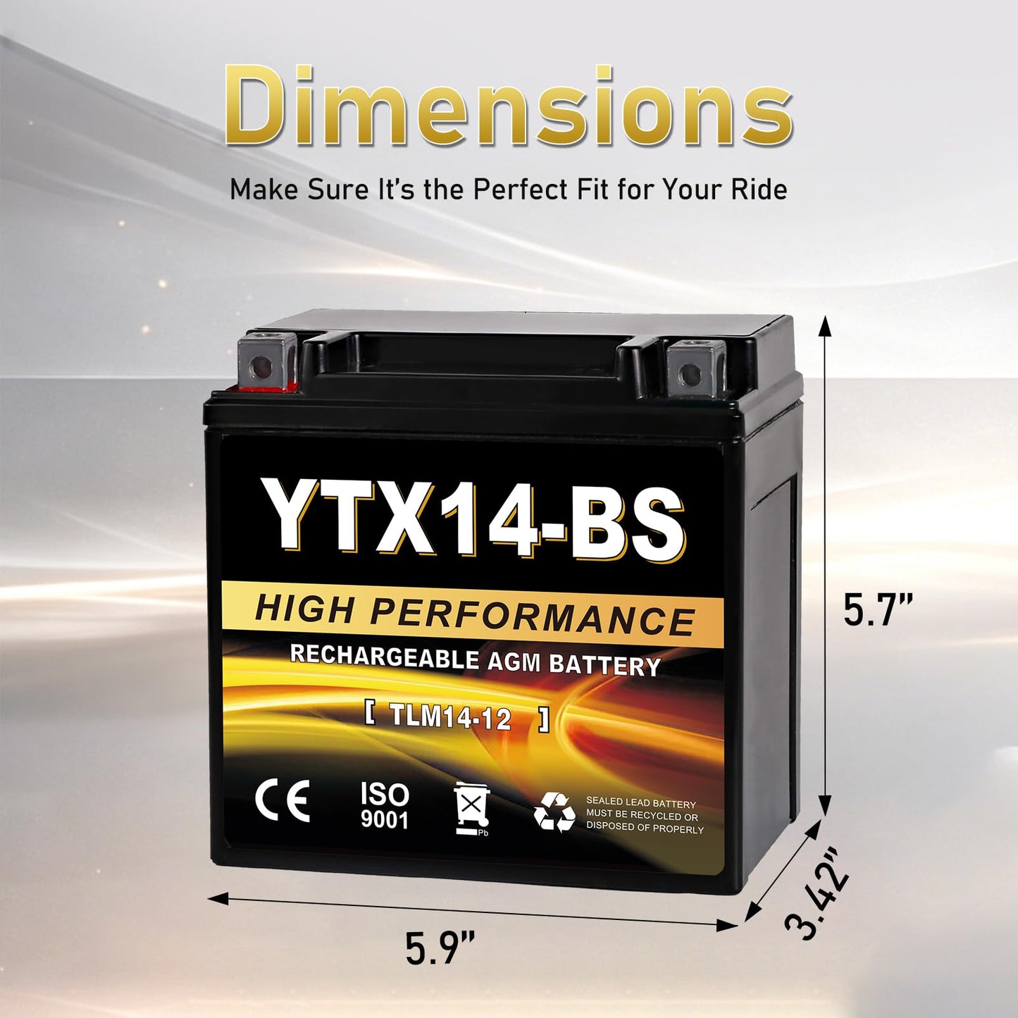 YTX14AH-BS 12V 12Ah Motorcycle Battery, 220CCA Rechargeable Maintenance Free Sealed AGM Battery, Powersport Replacement for ATV, UTV, Scooter