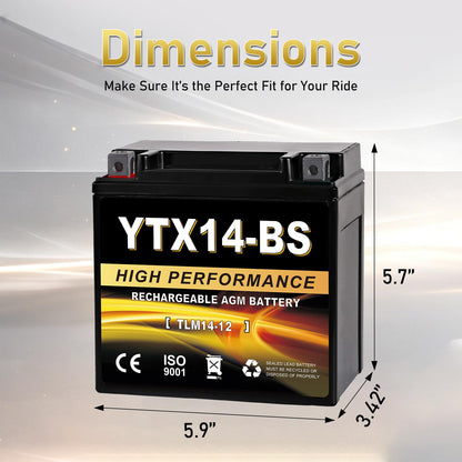 YTX14AH-BS 12V 12Ah Motorcycle Battery, 220CCA Rechargeable Maintenance Free Sealed AGM Battery, Powersport Replacement for ATV, UTV, Scooter