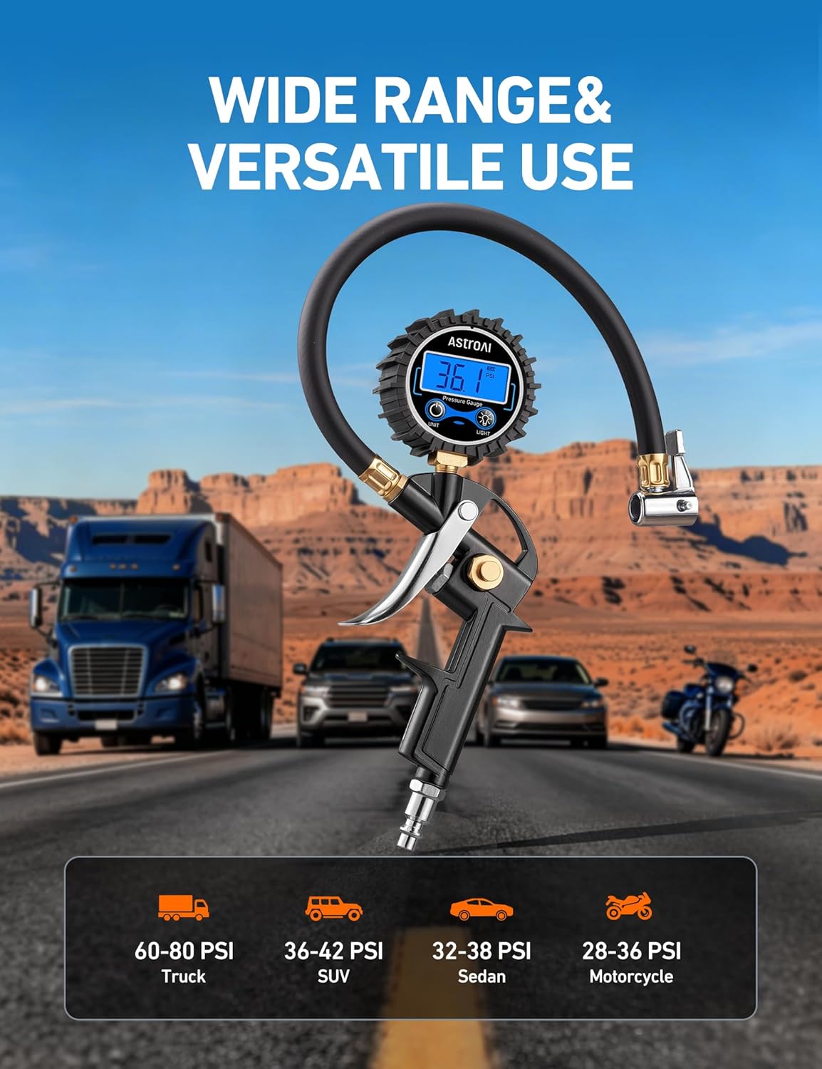AstroAI Digital Tire Pressure Gauge with Inflator 3-250 PSI Fits 1/4" NPT