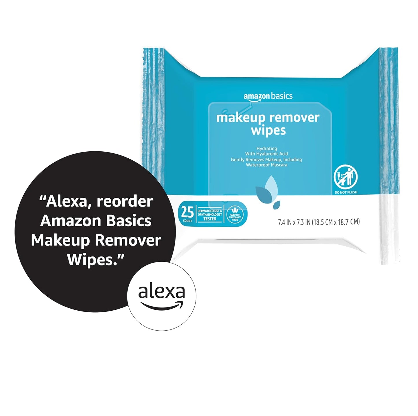 Amazon Basics Makeup Remover Wipes, Fragrance-Free, Alcohol-Free, Gentle Cleansing, Plant-Based, Dermatologist Tested, Removes Waterproof Mascara, Resealable, 25 Count, 1-Pack