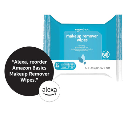 Amazon Basics Makeup Remover Wipes, Fragrance-Free, Alcohol-Free, Gentle Cleansing, Plant-Based, Dermatologist Tested, Removes Waterproof Mascara, Resealable, 25 Count, 1-Pack