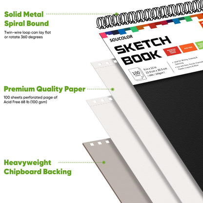 Soucolor Sketch Book 9" x 12", 100 Sheets Kids Art Sketchbook Drawing Pad