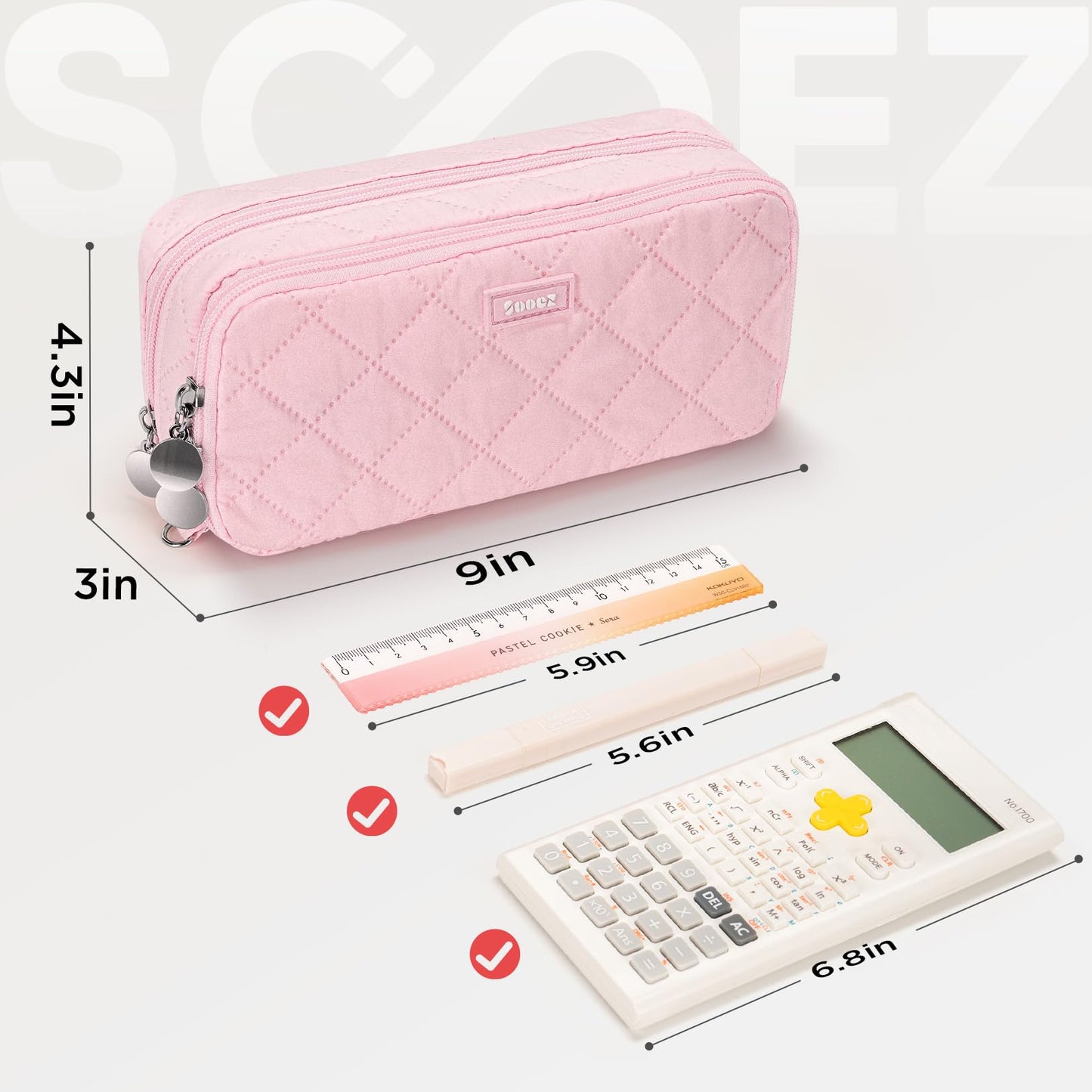 Sooez Large Pencil Case Pouch, Extra Big Pencil Bag with 8 Compartments, Pen Bag Wide Opening, Soft Quilted Pencil Pouch Organizer with Zipper, Portable Pencil Case for Teen Girls, Beige