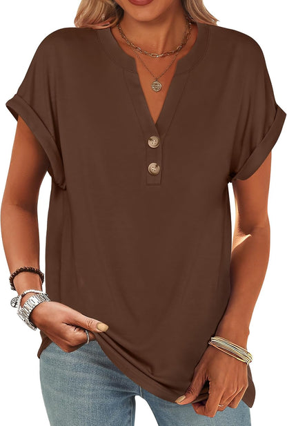 ANRABESS Womens Short Sleeve Henley Tops Summer Shirts Dressy Casual Blouse
