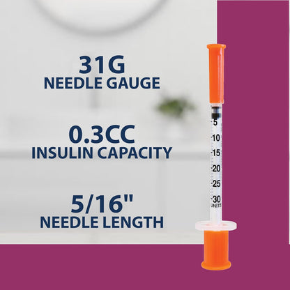 TRUEplus Single-Use Insulin Syringes, 31G, 0.3cc, 5/16 Inch, 100 Count