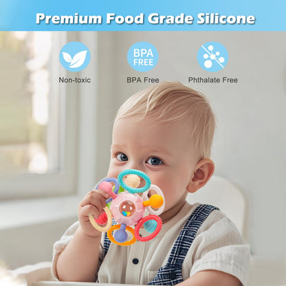 Baby Montessori Sensory Teething Toy 0-6 6-12 Months, Teether Ball & Rattle