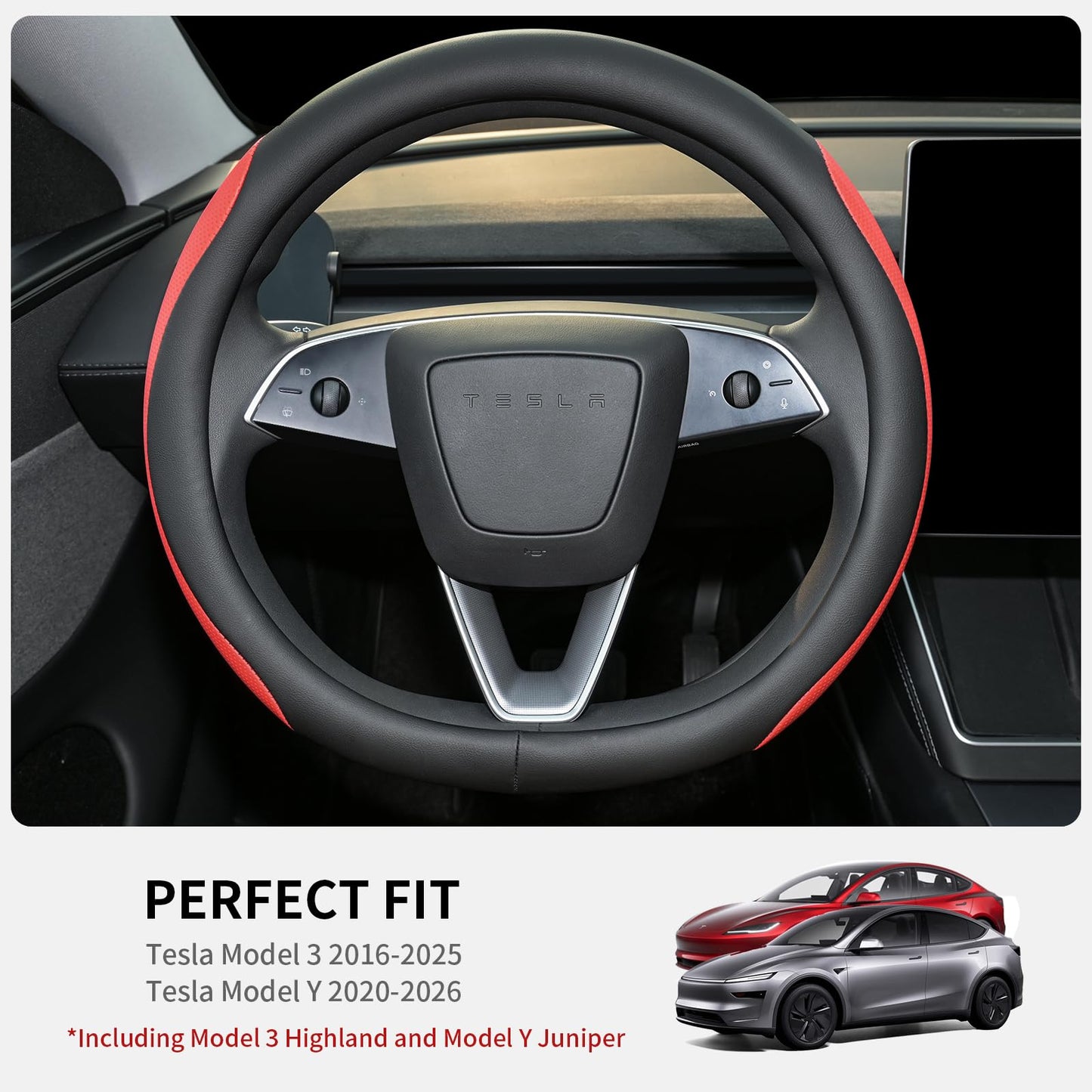 Uxcer Nappa Leather Steering Wheel Cover Compatible with Tesla Model 3/Y 2016-2025 2026 Juniper/Highland, Non-Slip Breathable Tesla Model 3/Y Steering Wheel Protector, White
