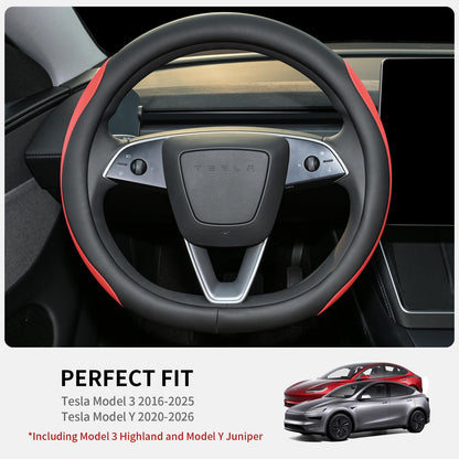 Uxcer Nappa Leather Steering Wheel Cover Compatible with Tesla Model 3/Y 2016-2025 2026 Juniper/Highland, Non-Slip Breathable Tesla Model 3/Y Steering Wheel Protector, White