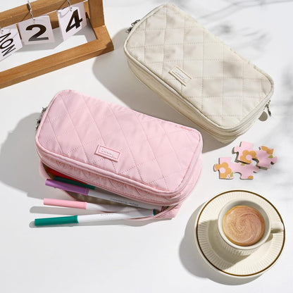 Sooez Large Pencil Case Pouch, Extra Big Pencil Bag with 8 Compartments, Pen Bag Wide Opening, Soft Quilted Pencil Pouch Organizer with Zipper, Portable Pencil Case for Teen Girls, Beige