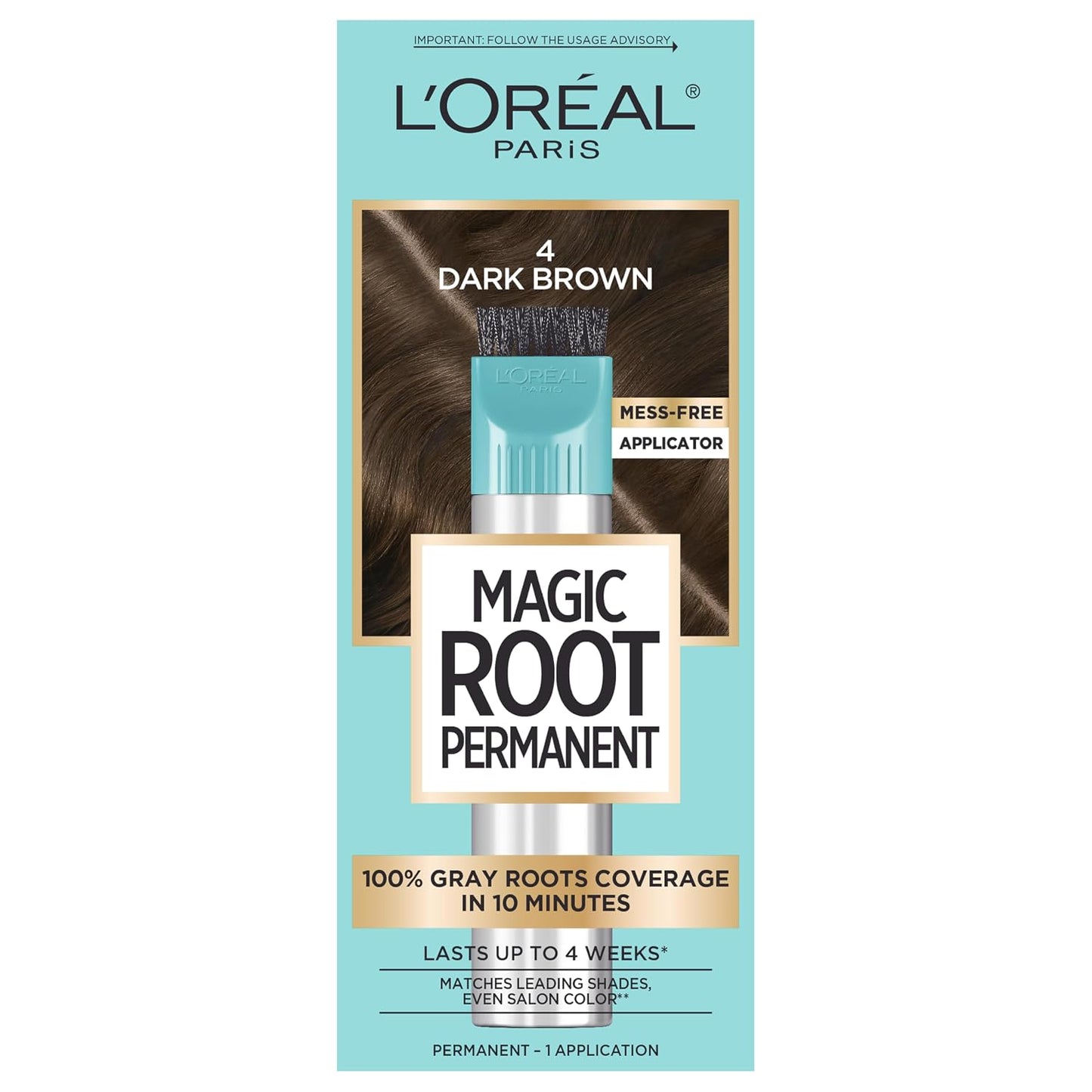 L'Oreal Paris Magic Root Permanent Hair Color Kit, 100% Gray Hair Coverage In Just 10 Minutes, Precision Brush Applicator for Seamless Application, 4 Dark Brown (2 Count)