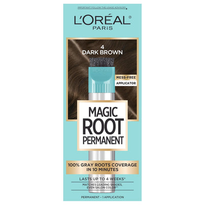L'Oreal Paris Magic Root Permanent Hair Color Kit, 100% Gray Hair Coverage In Just 10 Minutes, Precision Brush Applicator for Seamless Application, 4 Dark Brown (2 Count)