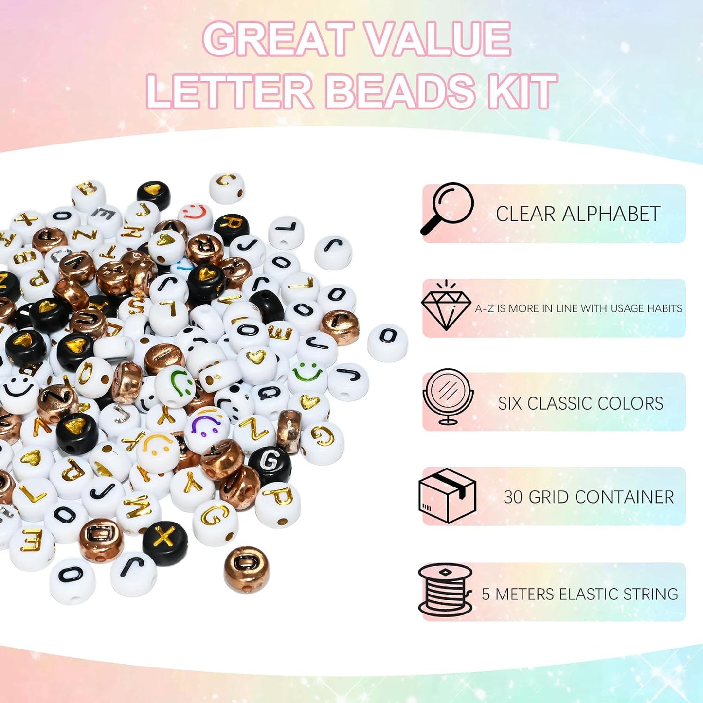 Looconi 810pcs Gold Letter Beads Square 6x6mm White Cube Acrylic Alphabet A-Z with Heart Pattern and Crystal Line for Jewelry Making