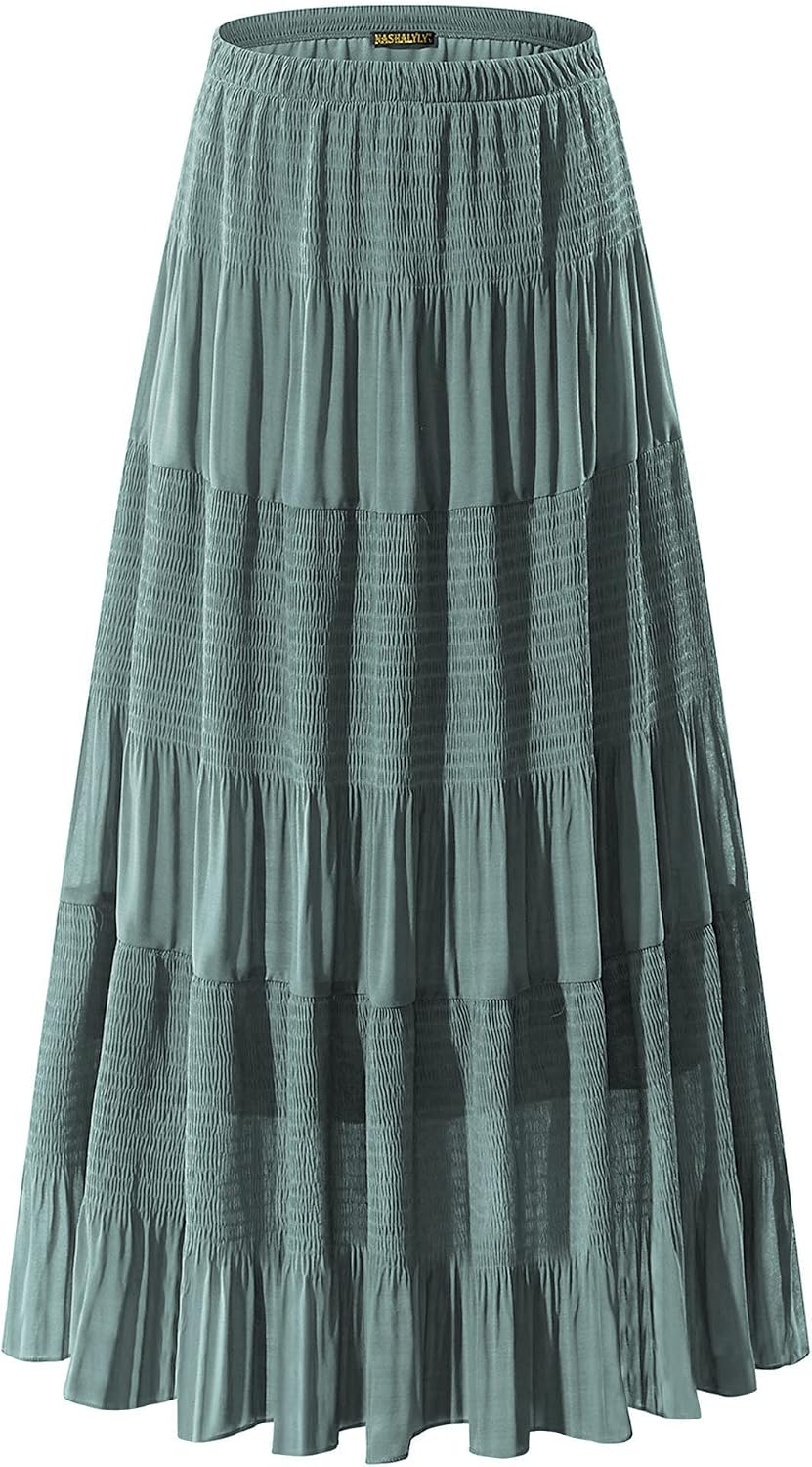 NASHALYLY Women's Chiffon Elastic High Waist Pleated A-Line Maxi Skirts