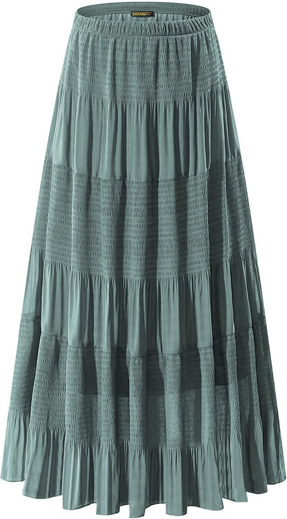 NASHALYLY Women's Chiffon Elastic High Waist Pleated A-Line Maxi Skirts