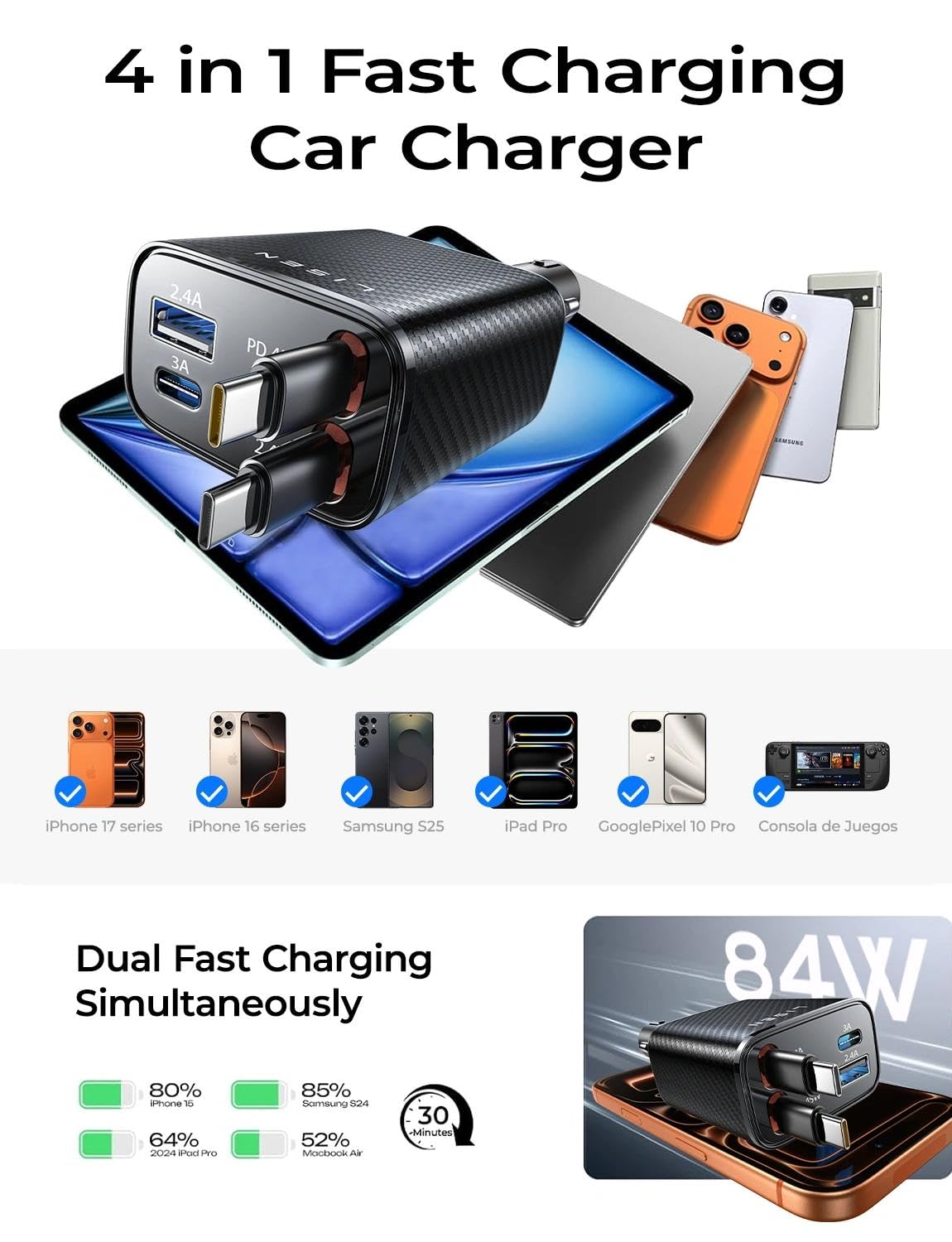 LISEN 72W Retractable Car Charger Ultra-Compact USBC Fast Car Charger