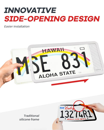 Aujen Silicone License Plate Frames,2 Pack Black Side-Opening License Bracket Holder with Easy Installation, License Plate Frame Without Obstruction.Rustproof, Rattle Proof & Weatherproof Universal