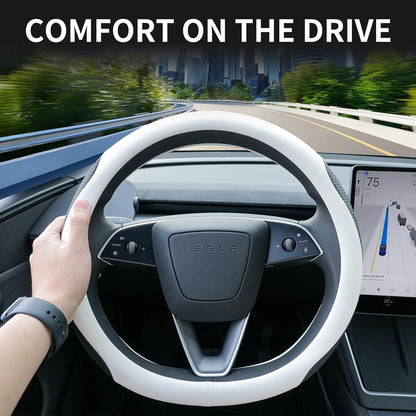 Uxcer Nappa Leather Steering Wheel Cover Compatible with Tesla Model 3/Y 2016-2025 2026 Juniper/Highland, Non-Slip Breathable Tesla Model 3/Y Steering Wheel Protector, White