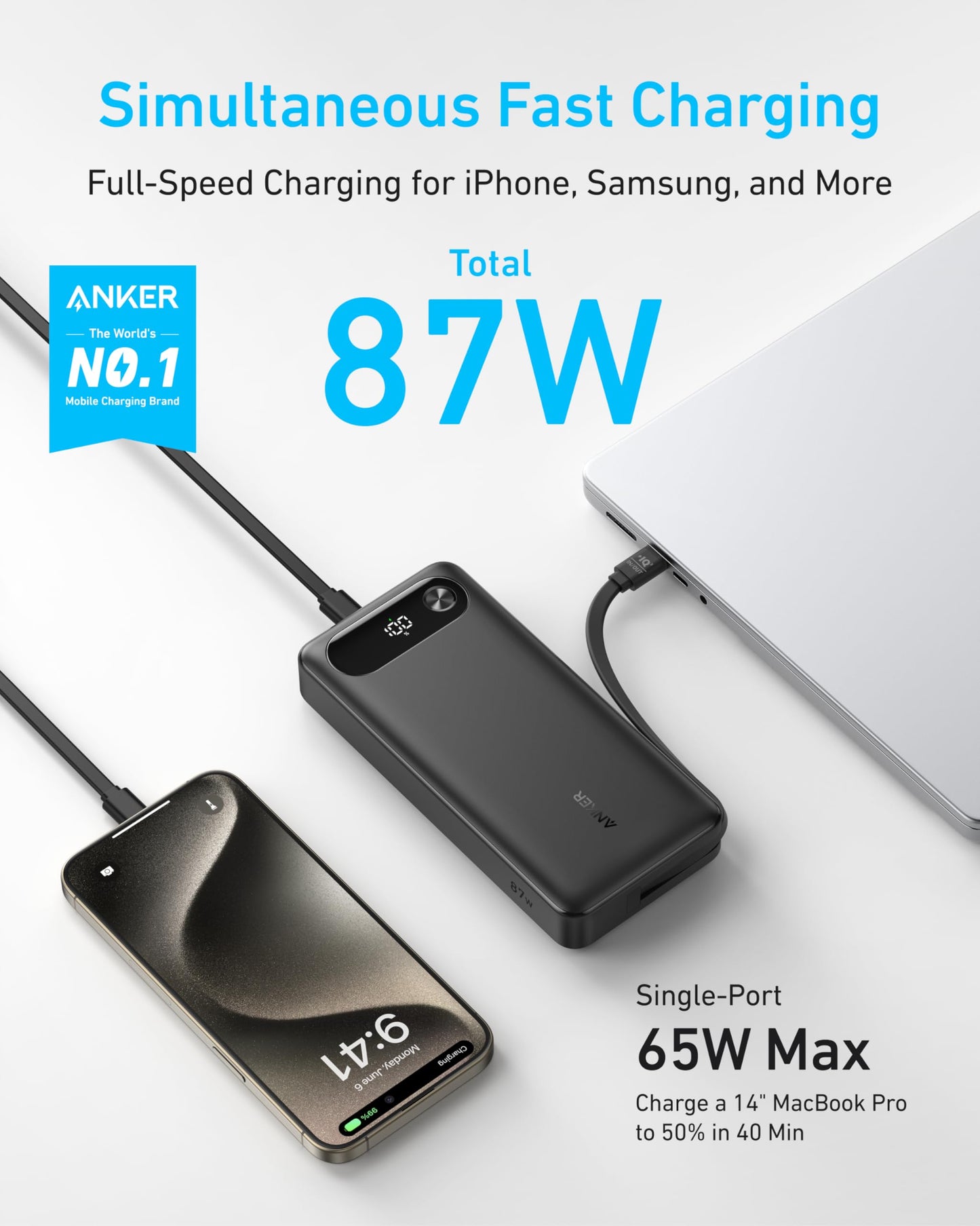 Anker Power Bank, 20,000mAh Travel Essential, Built-in USB-C Cable(Black)