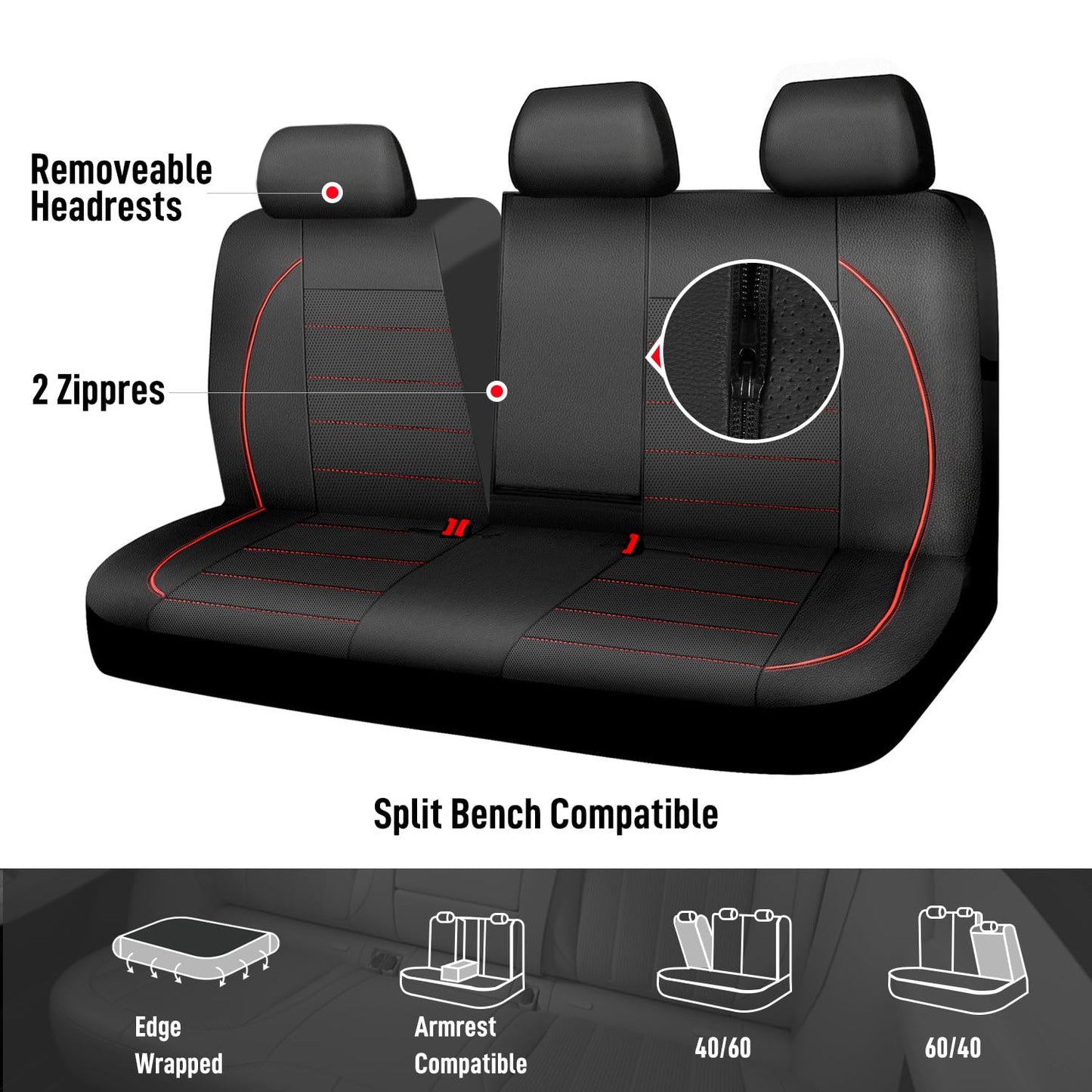 CAR PASS Universal FIT Piping Leather Car Seat Cover, for suvs,Van,Trucks,Airbag Compatible,Inside Zipper Design and Reserved Opening Holes (Full Set, Black and Red)