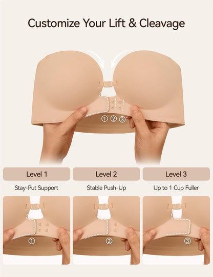LUCKMEEY Women's Strapless Front Closure Push Up Bra, Non-Slip Removable Straps, Wireless Seamless, A-C Cup