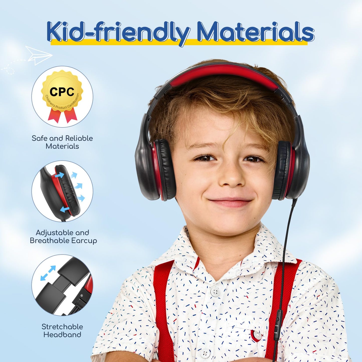 EarFun K1 Kids Headphones Wired with Mic, Volume Limit Headphones for Kids