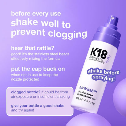 K18 AirWash™ Dry Shampoo, Non-Aerosol, Balances Scalp & Controls Excess Oil Production