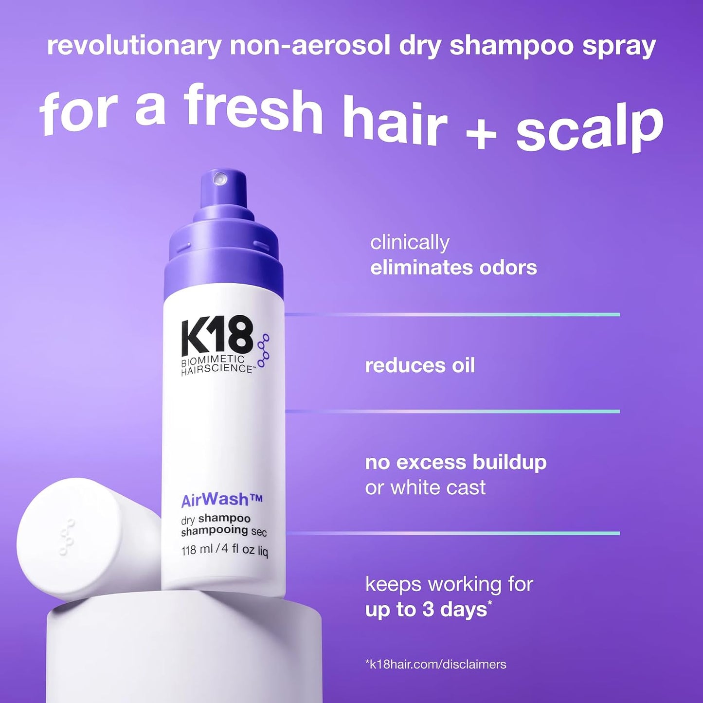 K18 AirWash™ Dry Shampoo, Non-Aerosol, Balances Scalp & Controls Excess Oil Production