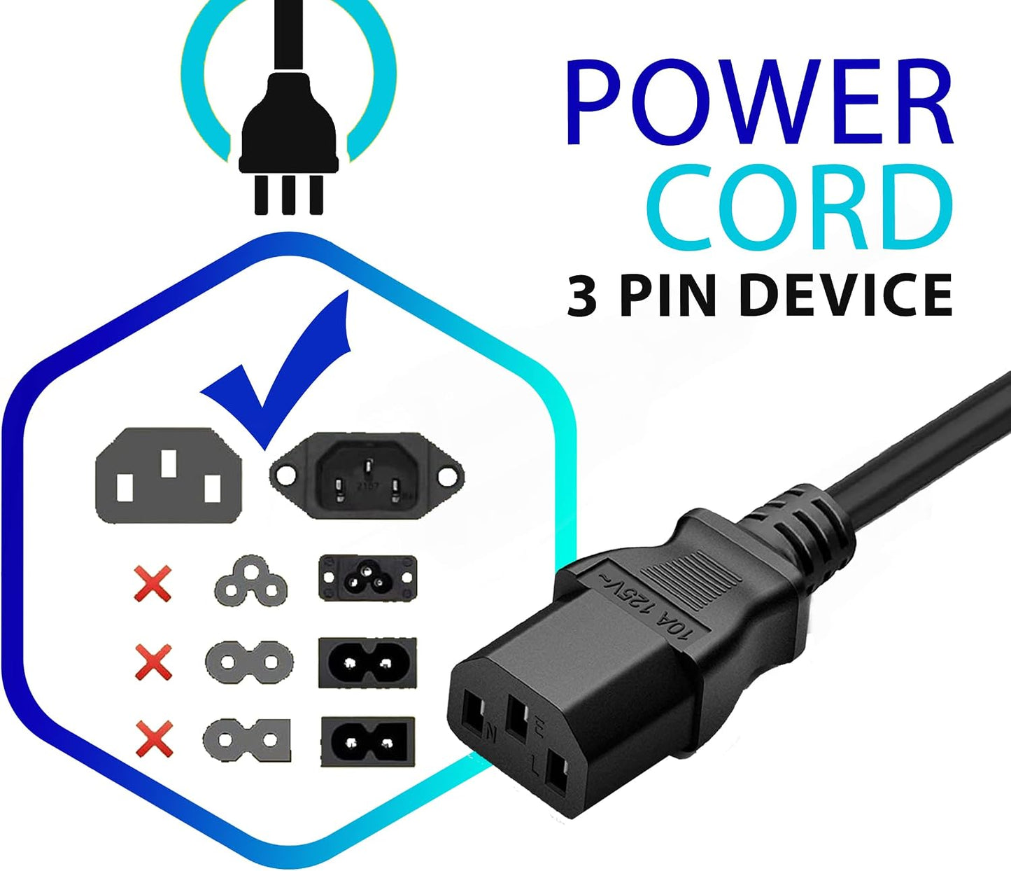 3 Prong AC Power Cord 10ft Long Standard | 125V-250V | for Computer, Monitor, TV, Printer, Power Supply PSU Electric Cable Replacement Power Cord