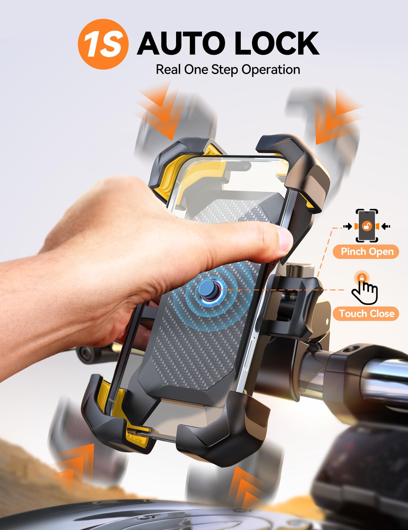 JOYROOM Motorcycle Phone Mount, [1s Auto Lock][100mph Military Anti-Shake] Bike Phone Holder for Bicycle, [10s Quick Install] Handlebar Phone Mount, Compatible with iPhone, Samsung, All Cell Phone