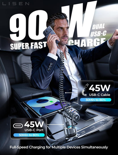LISEN 90W for iPhone 17 16 15 Pro Max Car Charger USB C Fast Charge