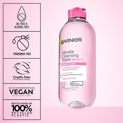 Garnier Micellar Water, Hydrating Facial Cleanser & Makeup Remover, Suitable for Sensitive Skin, Vegan, Cruelty Free, 13.5 Fl Oz (400mL), 1 Count