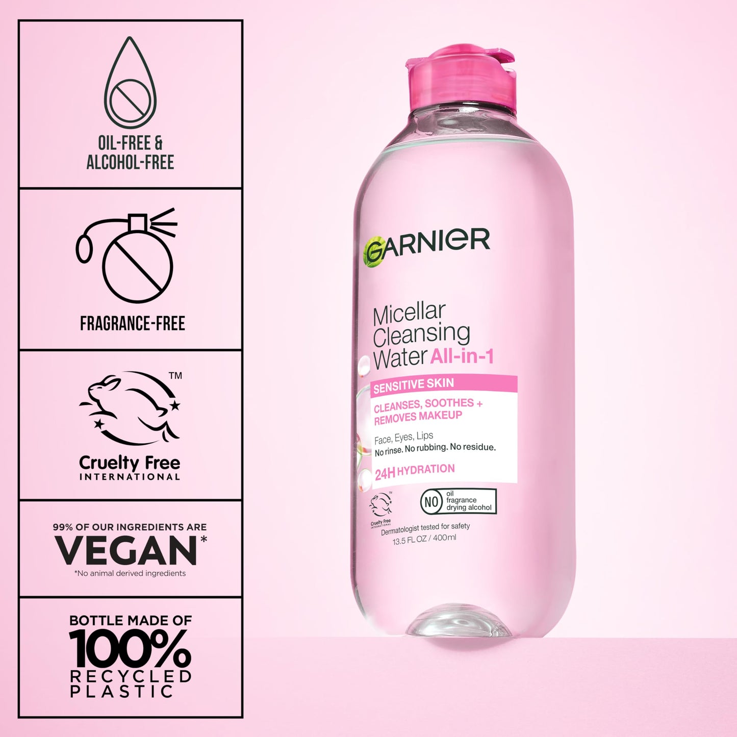Garnier Micellar Water, Hydrating Facial Cleanser & Makeup Remover, Suitable for Sensitive Skin, Vegan, Cruelty Free, 13.5 Fl Oz (400mL), 1 Count