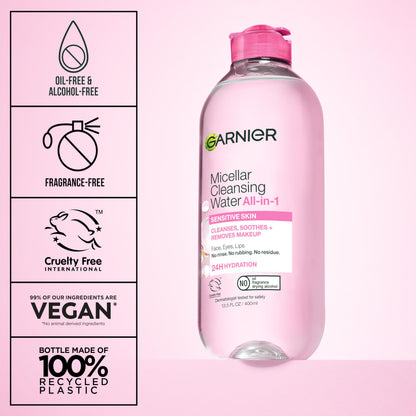 Garnier Micellar Water, Hydrating Facial Cleanser & Makeup Remover, Suitable for Sensitive Skin, Vegan, Cruelty Free, 13.5 Fl Oz (400mL), 1 Count