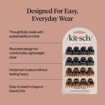 Kitsch Mini Hair Clips for Women - Tortoise & Black, 16 Pcs