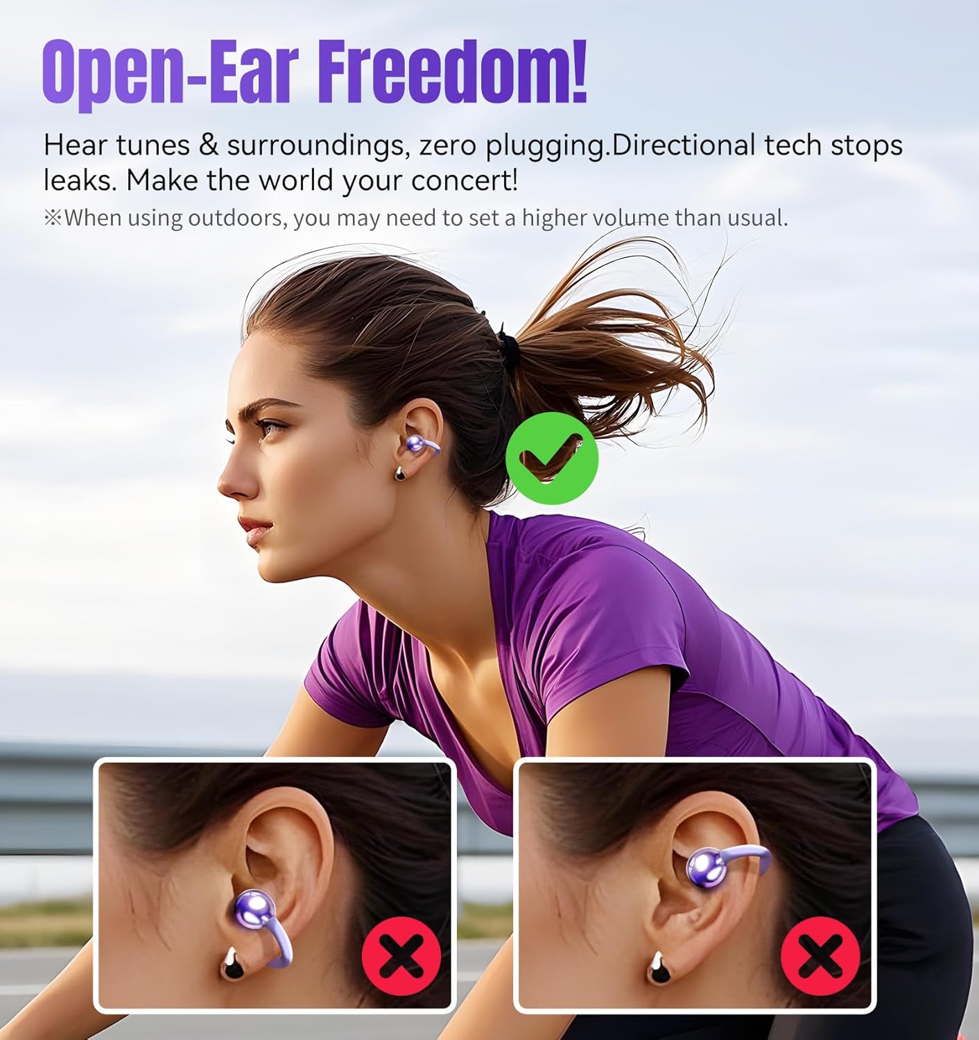 King Lucky Clip-On Earbuds Gen 3, Open-Ear Wireless Bluetooth 6.0 Headphones with Mic, Secure Fit for Small Ears & Glasses Wearers, 50H Playtime, ENC, IPX5 Waterproof Sport Ear Buds (Purple)