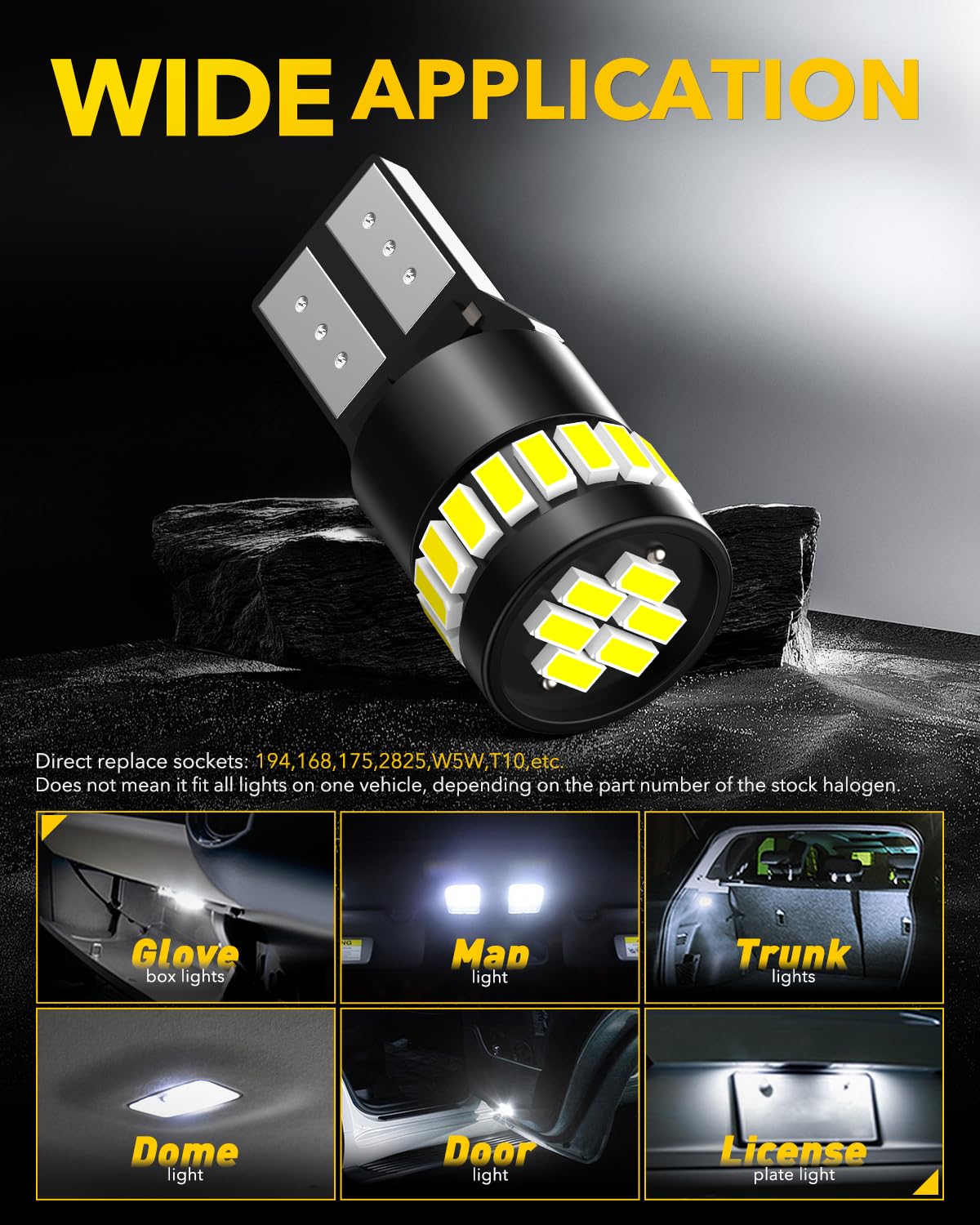 AUXITO 194 LED Bulbs for License Plate Light 168 175 2825 W5W T10 24-SMD 3014 Chipsets 6000K White for Car Dome Door Map Dash Courtesy Cargo License Plate Lights, Pack of 2