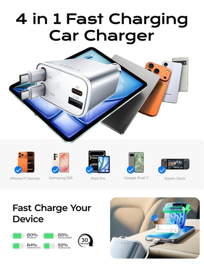 LISEN 72W Retractable Car Charger Ultra-Compact USBC Fast Car Charger