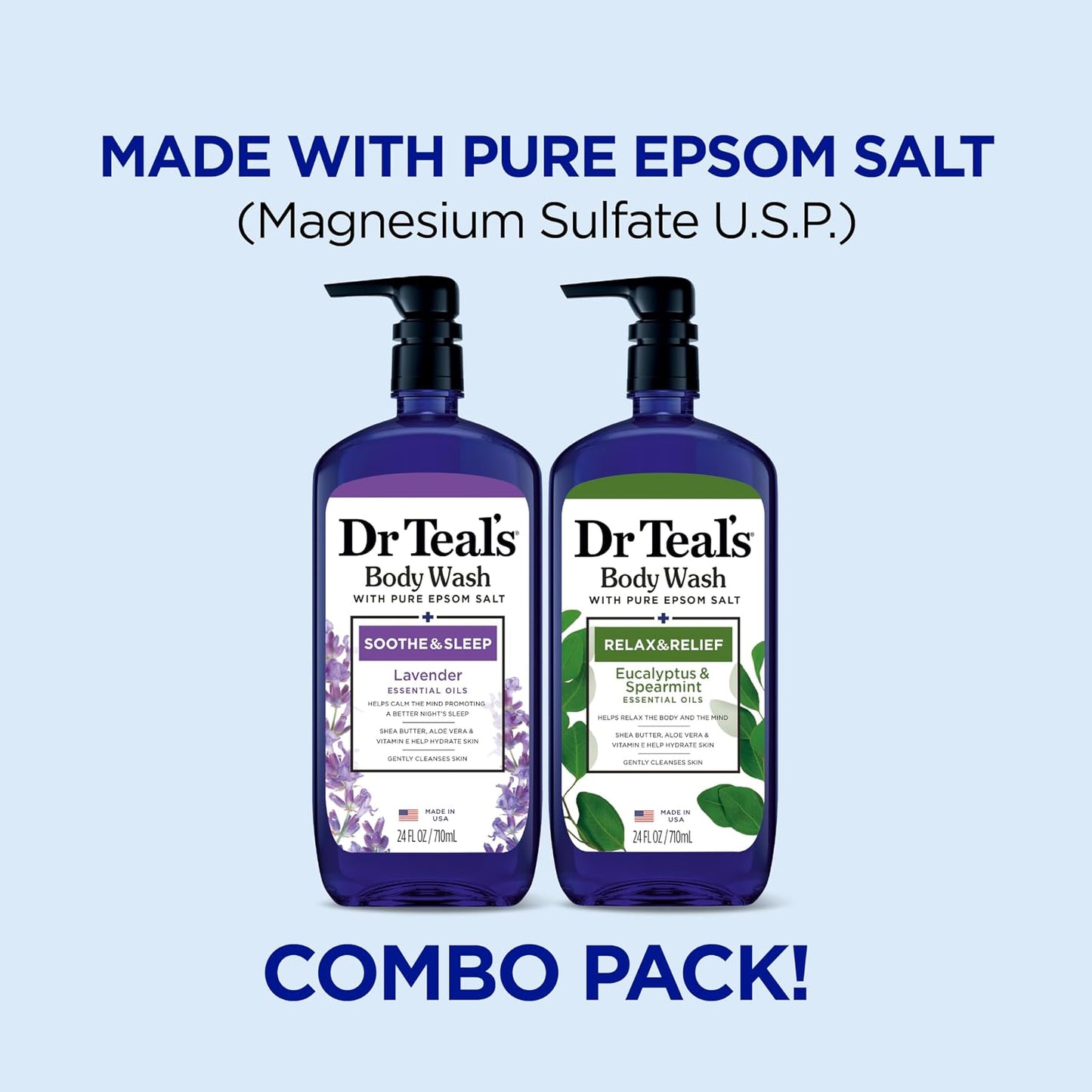 Dr Teal's Body Wash with Pure Epsom Salt, Relax & Relief with Eucalyptus & Spearmint, 24 fl oz (Pack of 2)