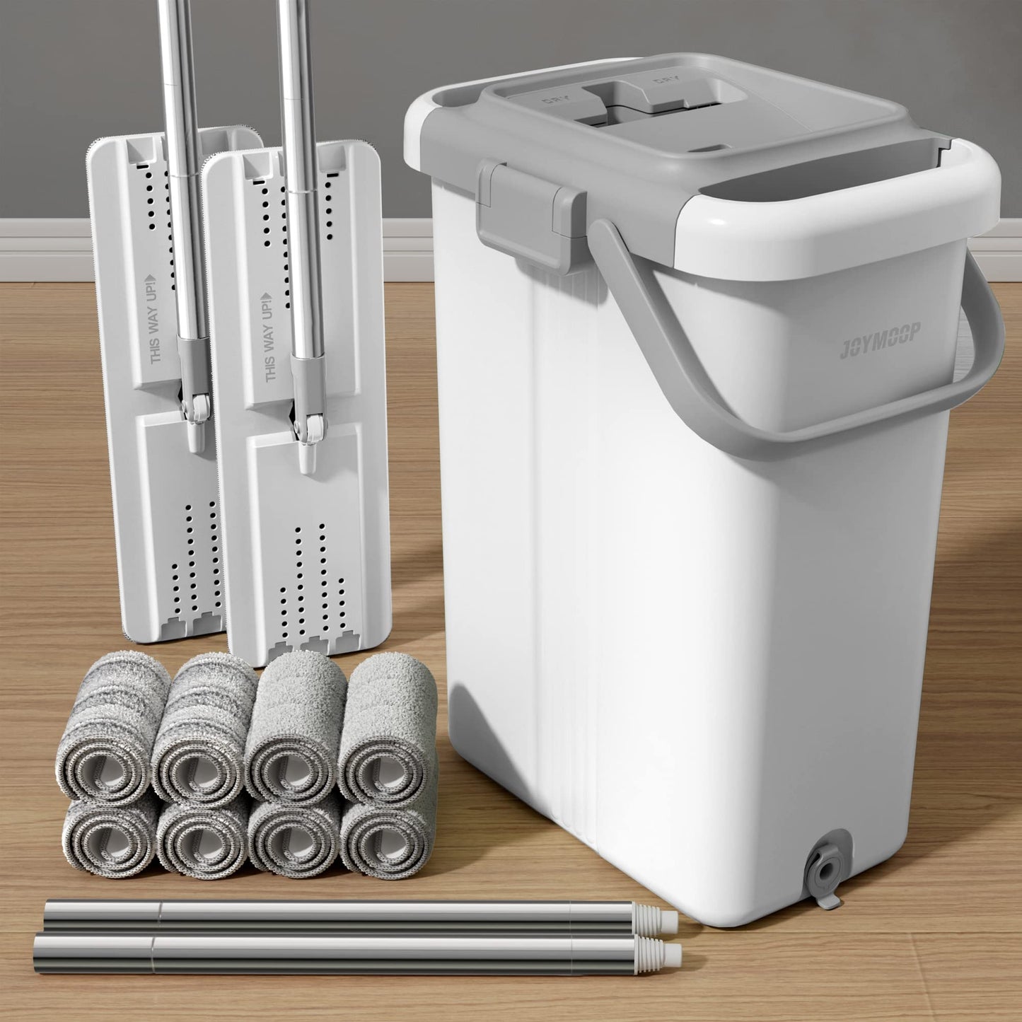 JOYMOOP Wall Mop and Bucket Set, Hands-Free Flat Floor Mop with 3 Washable Microfiber Pads, Wet and Dry Use, Ideal for Home and Commercial Floor Cleaning