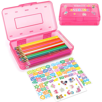 Clear Plastic Hard Pencil box Case with Personalized Sticker for Girl Boy