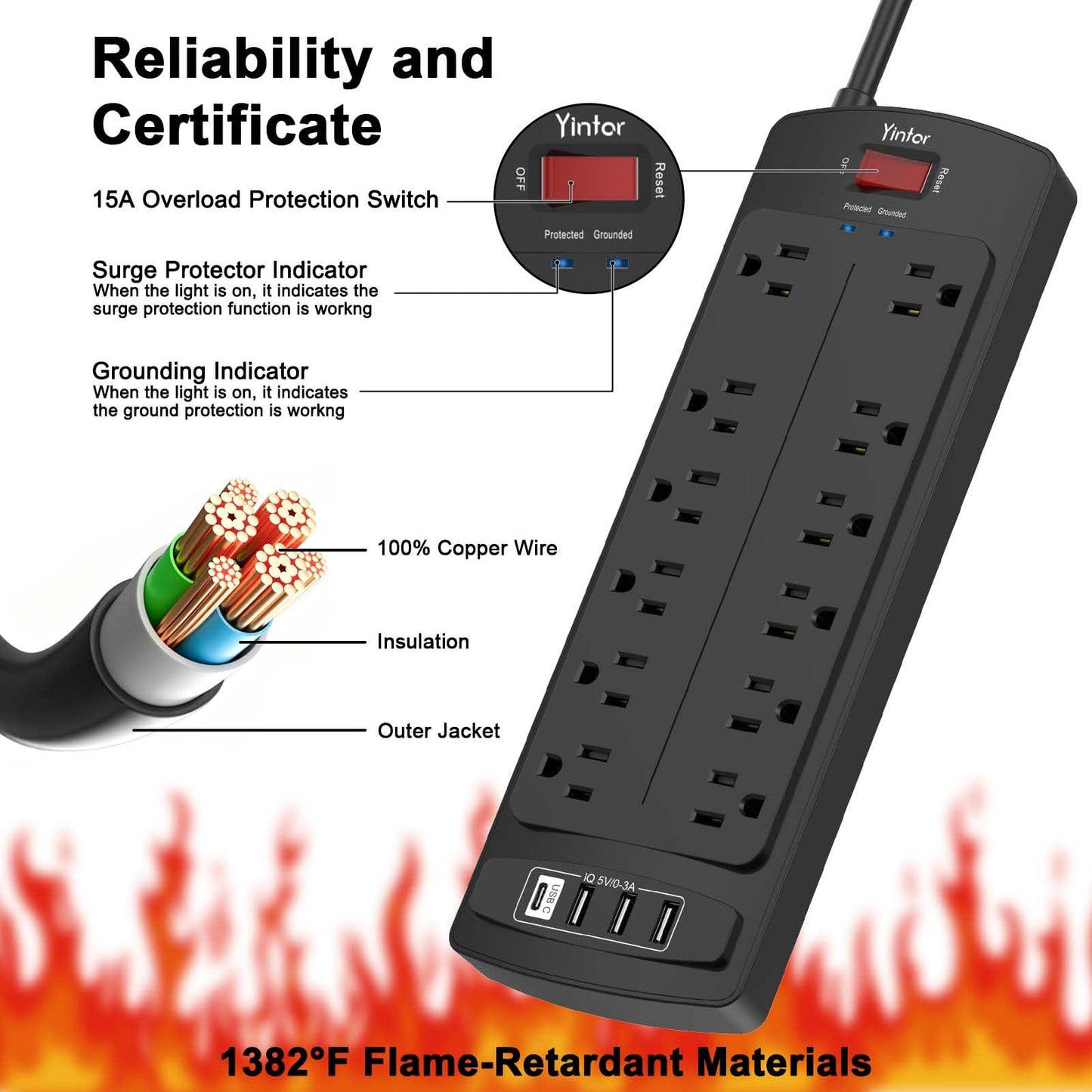 Yintar 6Ft Surge Protector Power Strip with 8 Outlets and 4 USB Ports