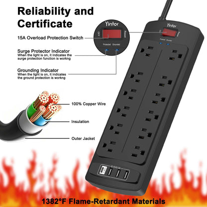 Yintar 6Ft Surge Protector Power Strip with 8 Outlets and 4 USB Ports