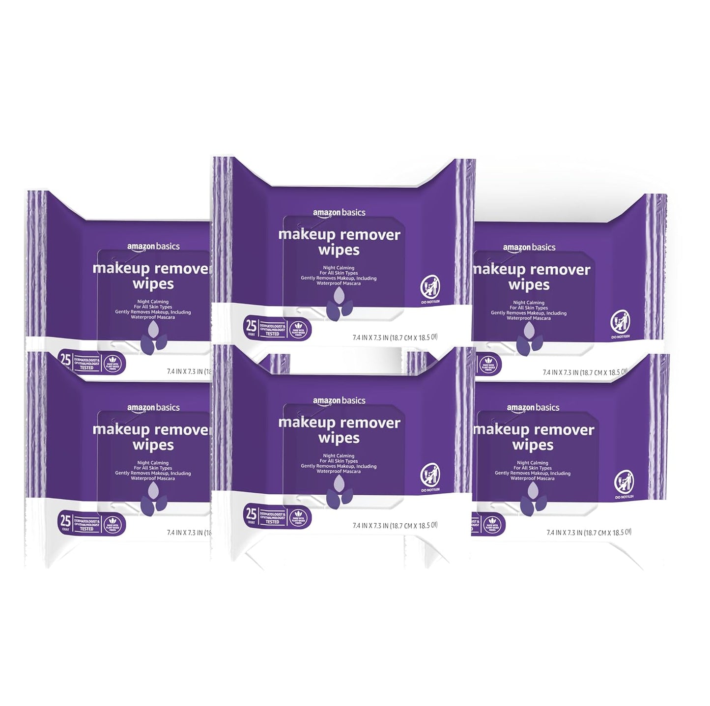 Amazon Basics Makeup Remover Wipes, Fragrance-Free, Alcohol-Free, Gentle Cleansing, Plant-Based, Dermatologist Tested, Removes Waterproof Mascara, Resealable, 25 Count, 1-Pack