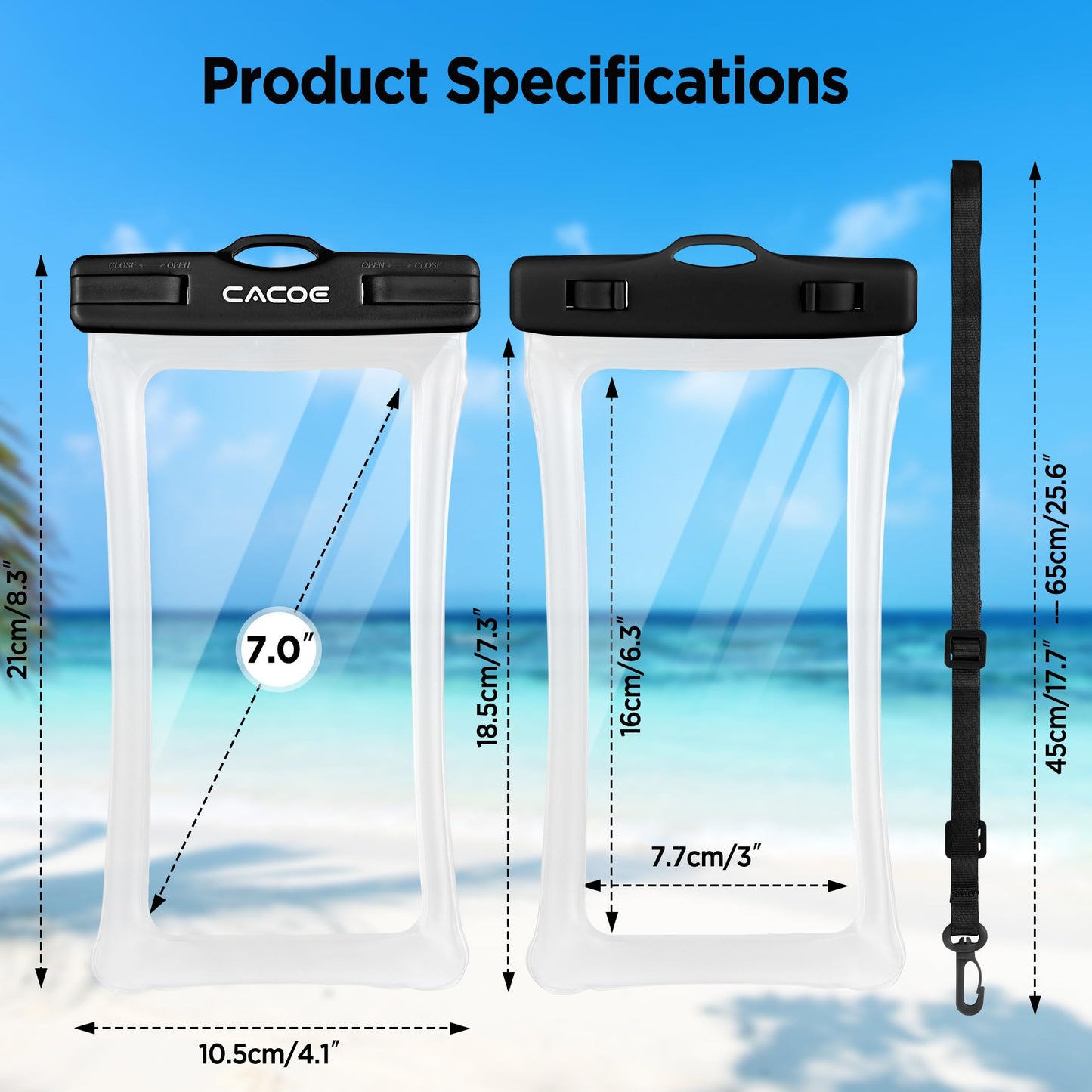 CACOE Floatable Waterproof Phone Pouch 2 Pack Up to 7.0",White+Blue