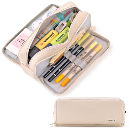 CICIMELON Large Capacity Pencil Case 3 Compartment Pouch Pen Bag for School Teen Girl Boy Men Women (Pink)