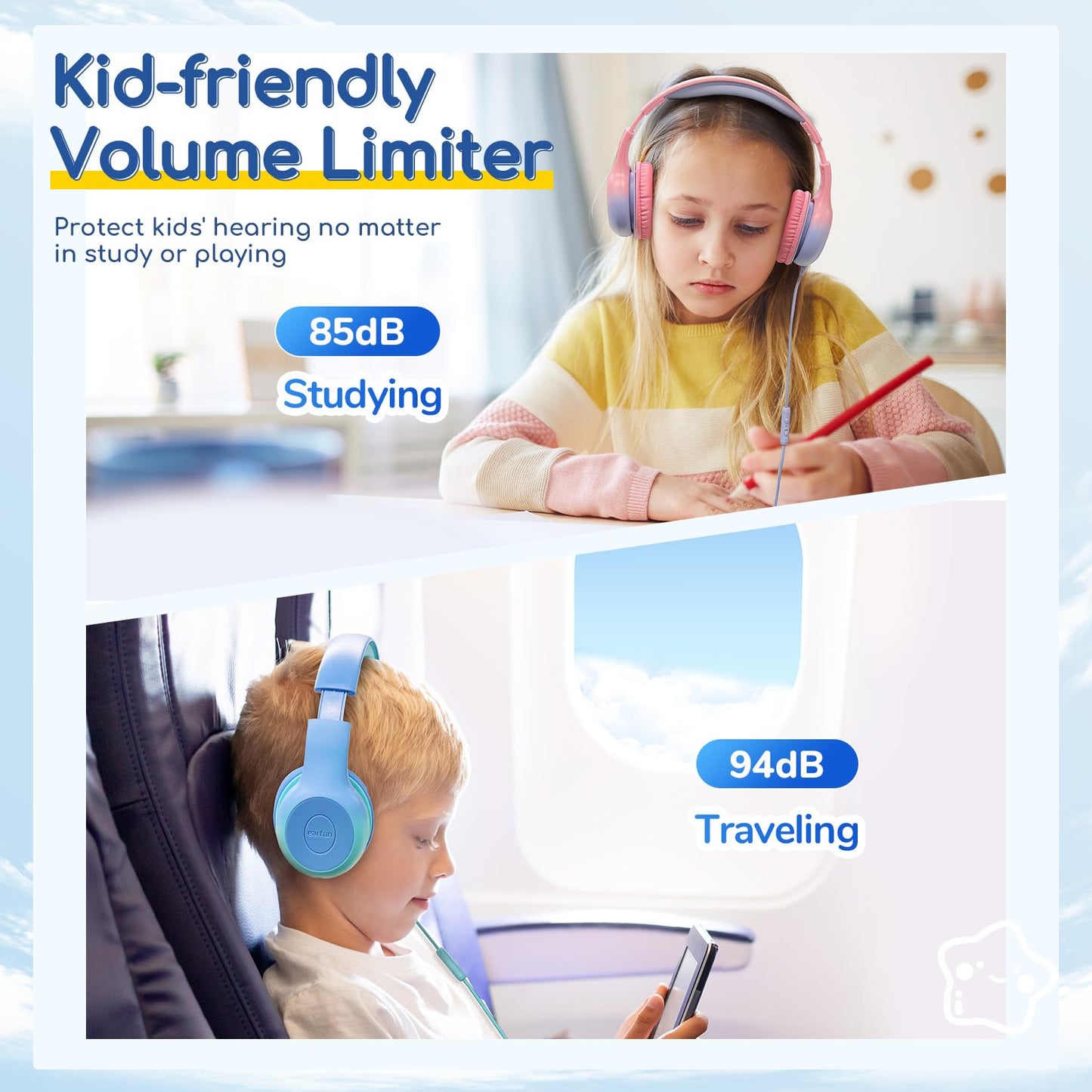 EarFun K1 Kids Headphones Wired with Mic, Volume Limit Headphones for Kids