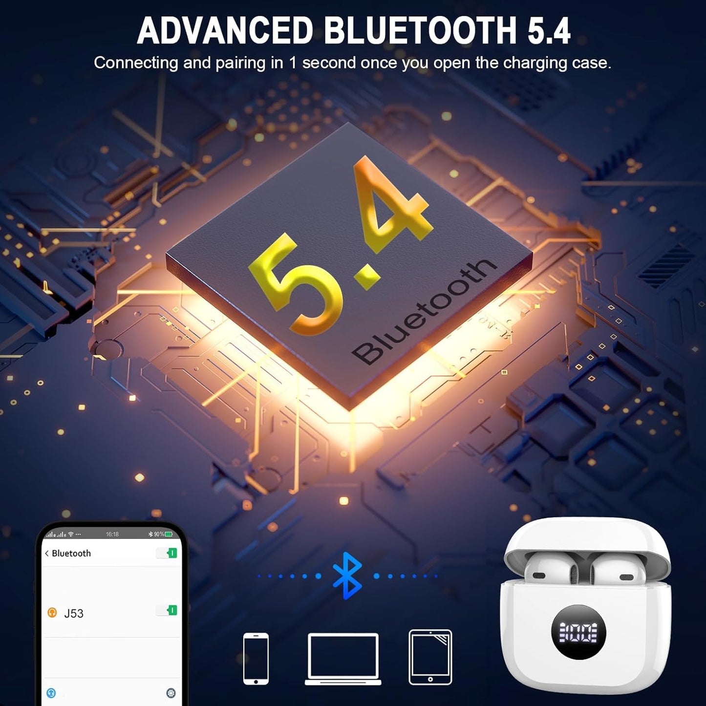 Wireless Earbuds, Bluetooth 5.4 Ear Buds, LED Power Display, 6D Bass Stereo